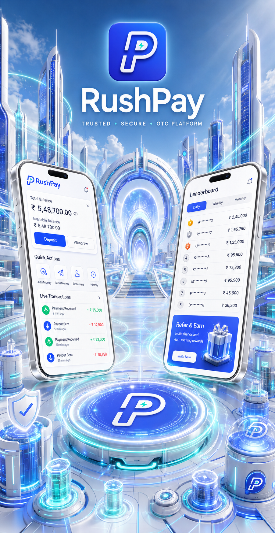 RushPay promotional illustration with two phones in a bright blue and white city